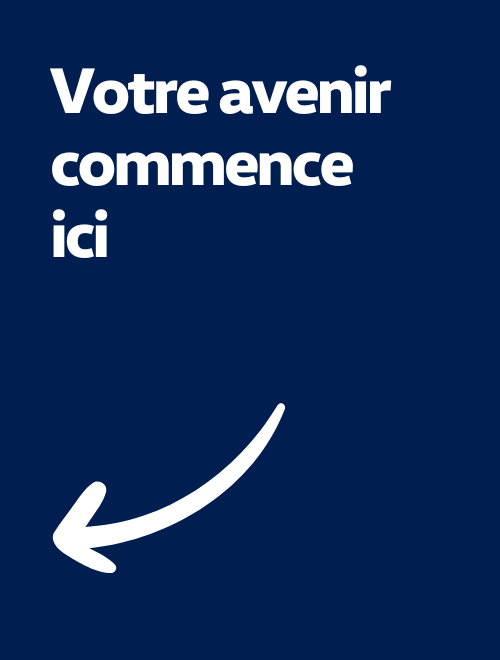 Fond bleu avec une flèche claire sur la gauche et le texte : votre avenir commence ici.